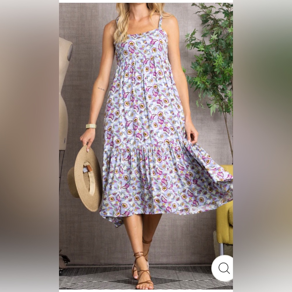 NWOT Lavender Floral Lined Spaghetti Strap Midi Dress Summer Y2K Bohemian Dress
